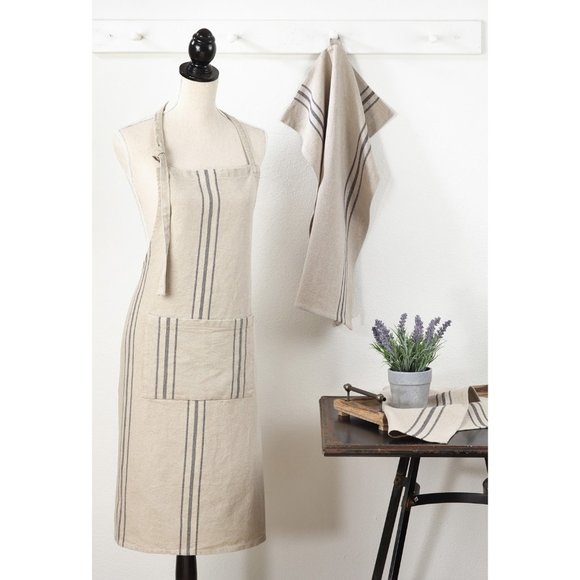 Natural Solid Color w Grey Strip Stripe 100% Linen Apron, 28" x 35" Front Pocket - Picture 1 of 3